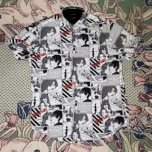 Button down top mens Medium slim fit comic book print boy & girl I9